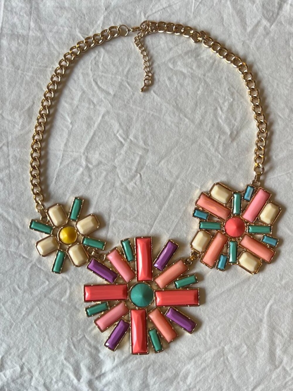 Vintage Gold-Tone Multicolor Geometric Sunburst Bib Statement Necklace